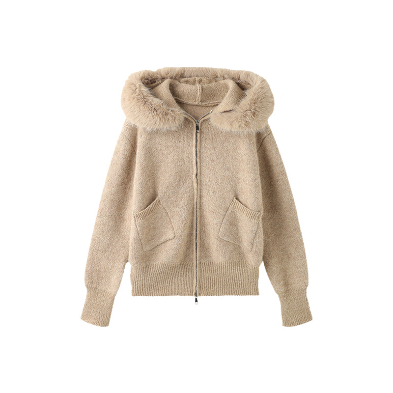 Fur Collar Hooded Knitted Coat for Women