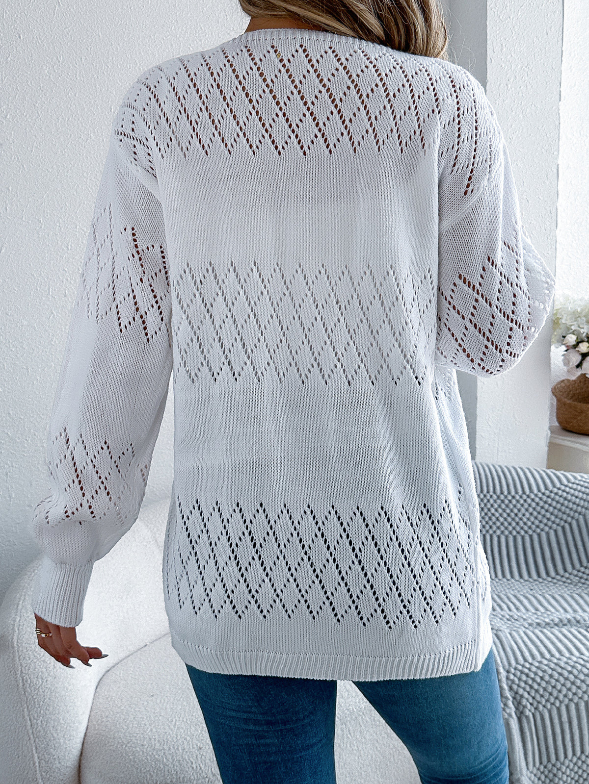 Women Casual Solid Color Hollow Out Lantern Sleeve Mid-length Cardigan Sweater