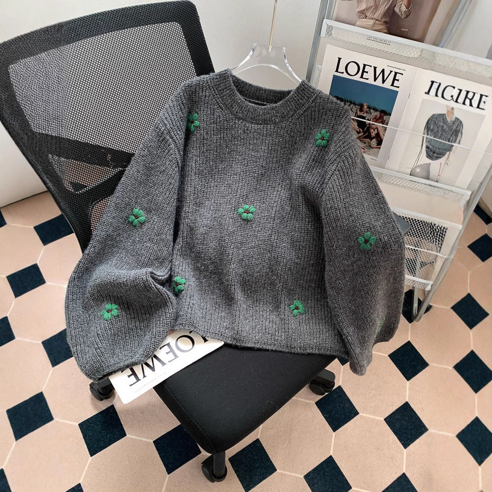 Loose and Lazy Style High-grade Korean Style Vintage Embroidered Flower Pullover Sweater