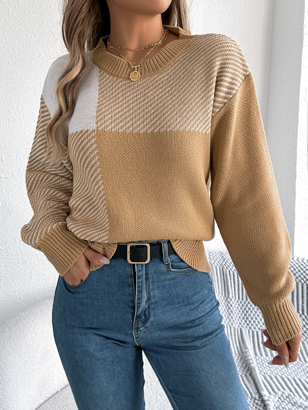 Women Casual Color Block Plaid Long Sleeve Pullover Sweater