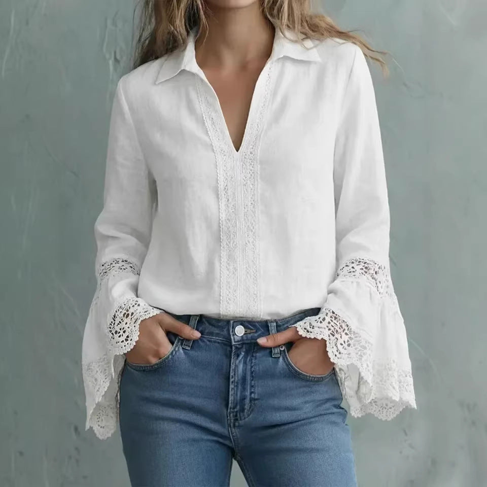 Elegant Cotton Blouse With Lace Trim And A Pullover Design