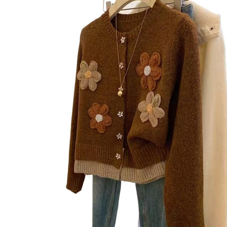 Korean Style Flower Loose Sweater Women's Autumn and Winter Lazy Embroidery