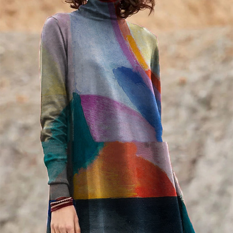 Colorful Oil Painting Turtleneck Long Sleeve Top