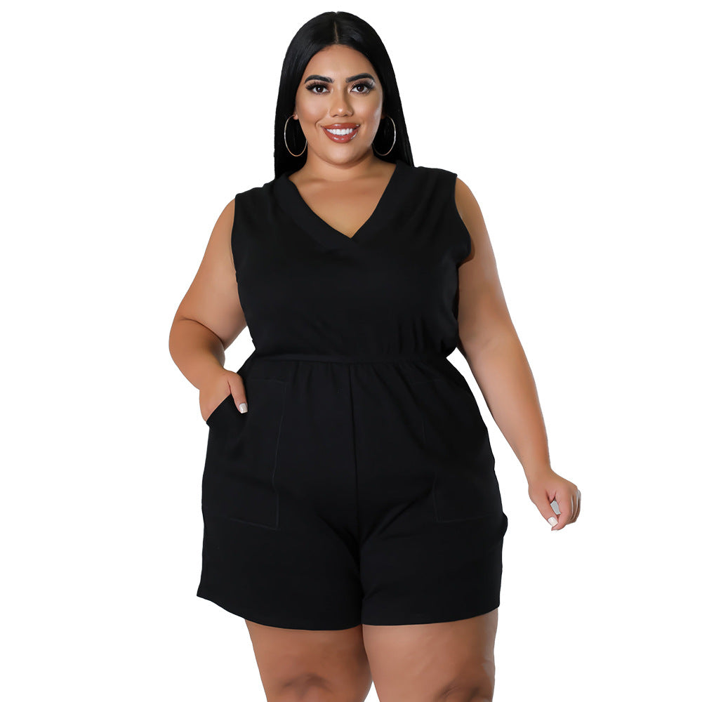 Plus Size V-Neck Casual Sleeveless Waist Overalls Romper
