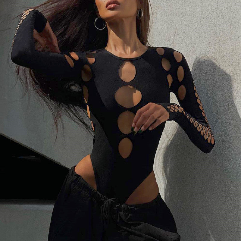 New Sexy Hot Girl Multi-hollow Round Neck Long Sleeve Jumpsuit