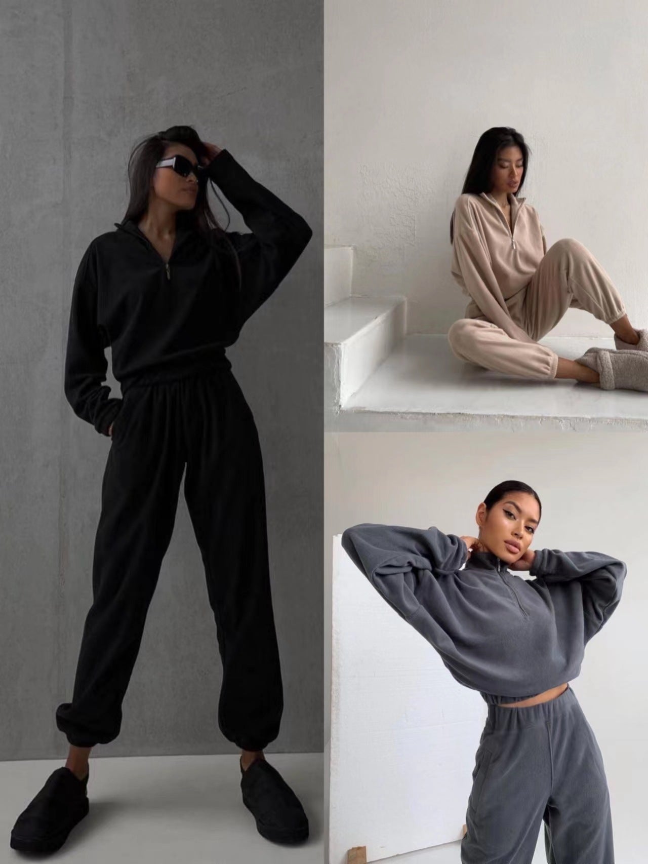 Cozy Fleece High-Collar Pullover Sweatshirt Set