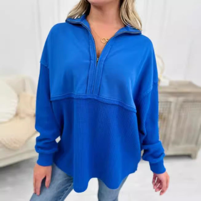 Women's Cozy Zip Patchwork Casual Pullover Sweater