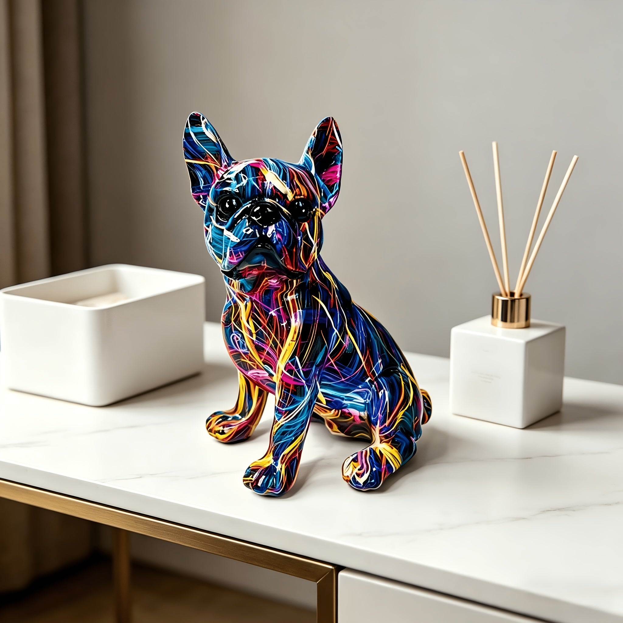 Graffiti-style resin French bulldog statue
