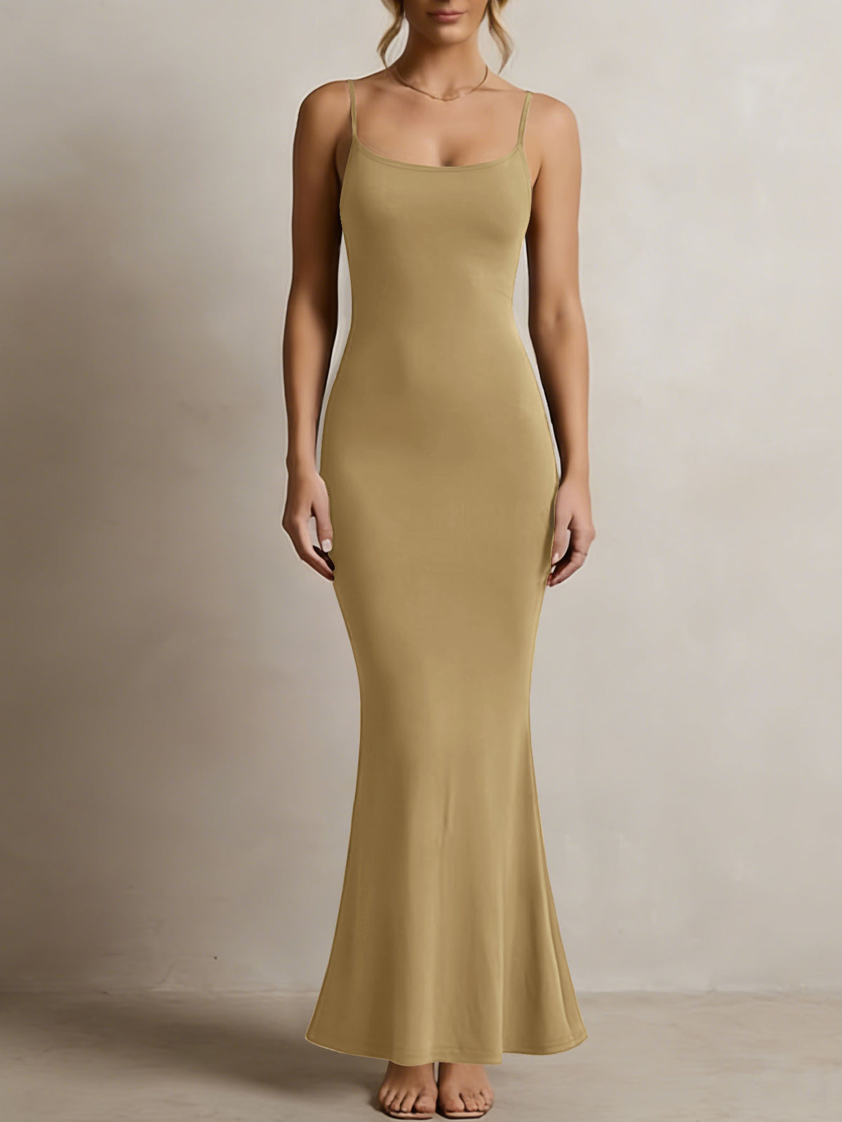 Women's Solid Color Spaghetti Strap Square Neck Bodycon Maxi Dress, Elegant Sleeveless Mermaid Evening Dress Summer Dress for Women