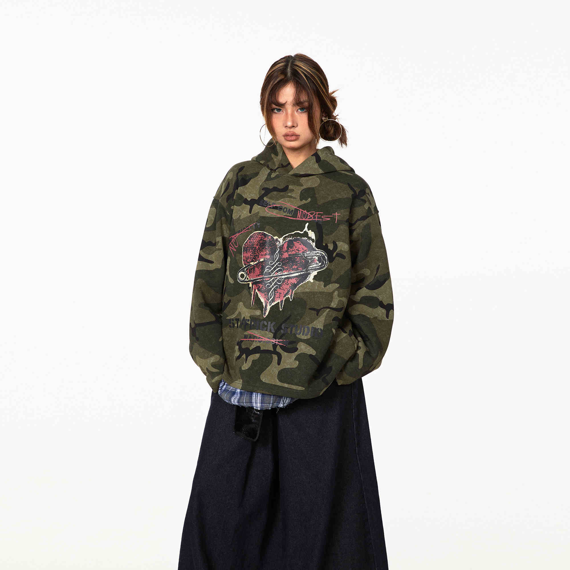 Retro Love Camouflage Hoodie Loose Pullover Top