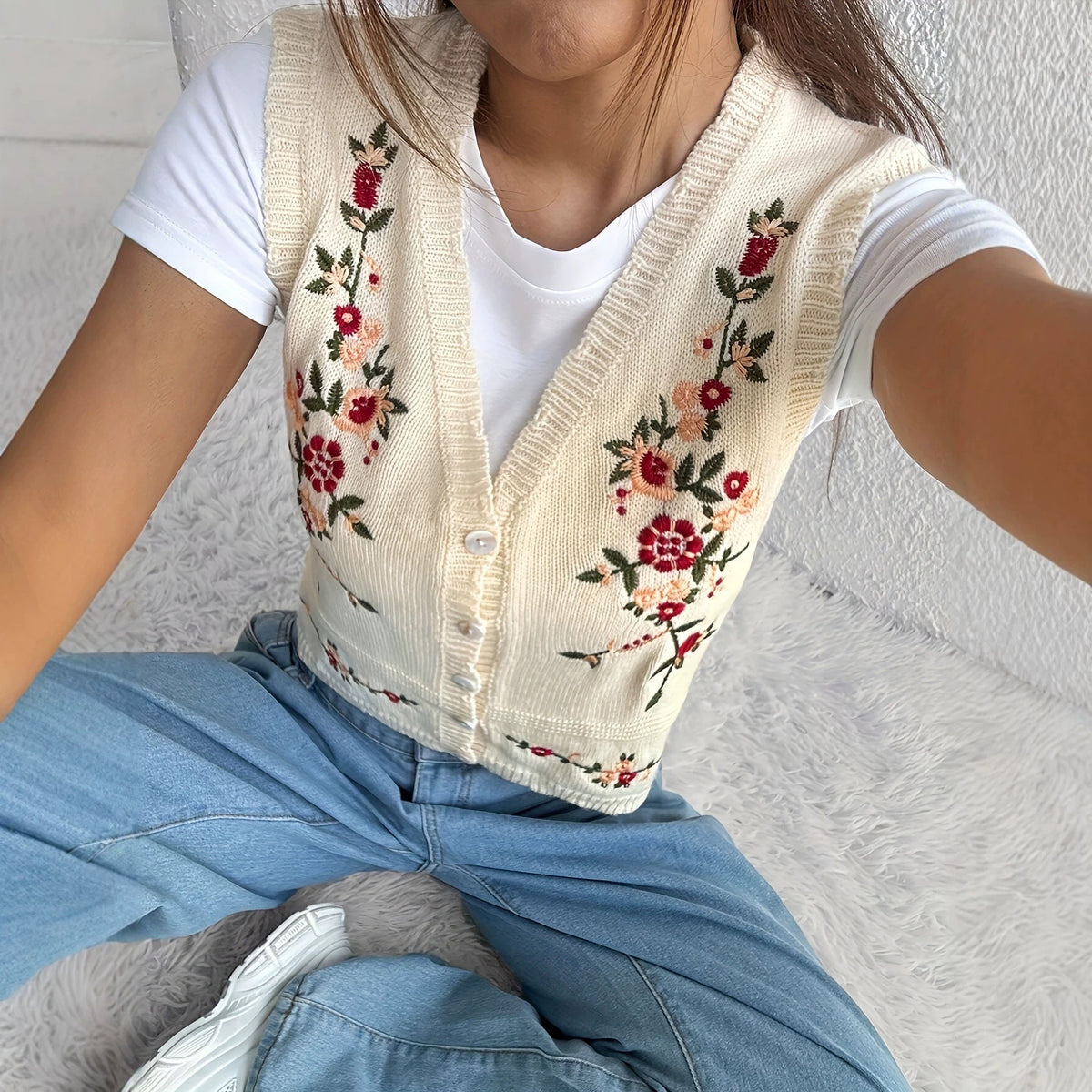 Womens Casual All Matching Embroidered Sweater Vest
