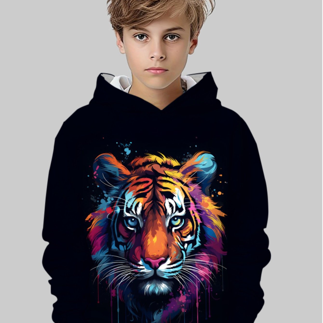 Boys' Polyester Hooded Sweatshirt with 3D Tiger Print – Lightweight Soft Fit