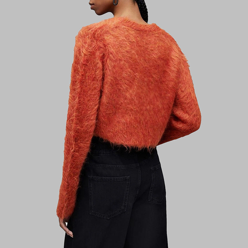 Women's V-neck Single Breasted Mink Solid Color Short Commuter Sweater