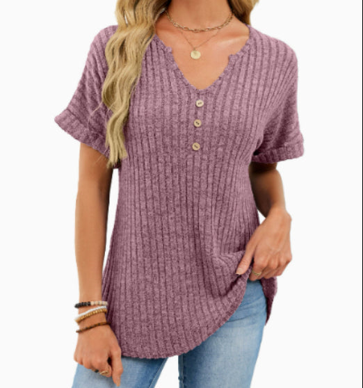 Small V-neck Buttons Short Sleeve Knitted