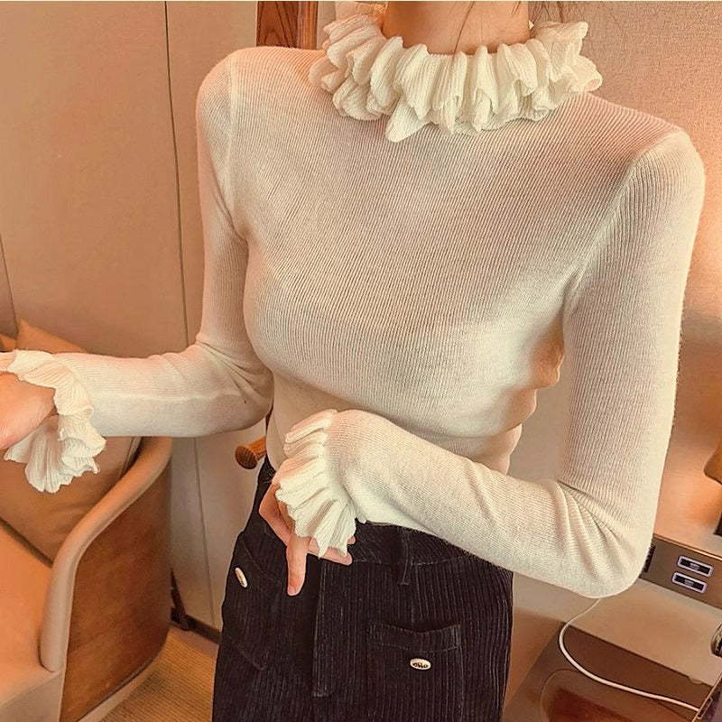 Chic Ribbed-neck Stand-collar Knitted Bottoming Shirt