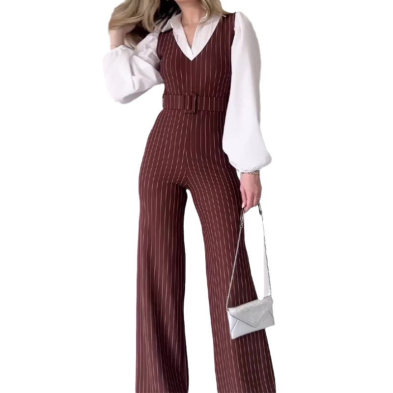 High-Waist Striped Patchwork Straight Leg Jumpsuit