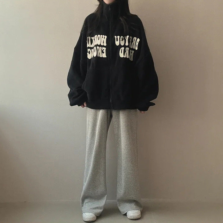 Women's Plus Velvet Alphabet Zip-Up Loose Cardigan Sweater