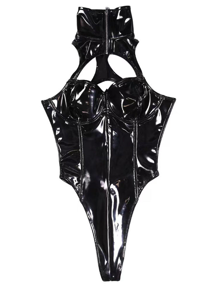 Glossy Patent Leather Open Crotch Romper