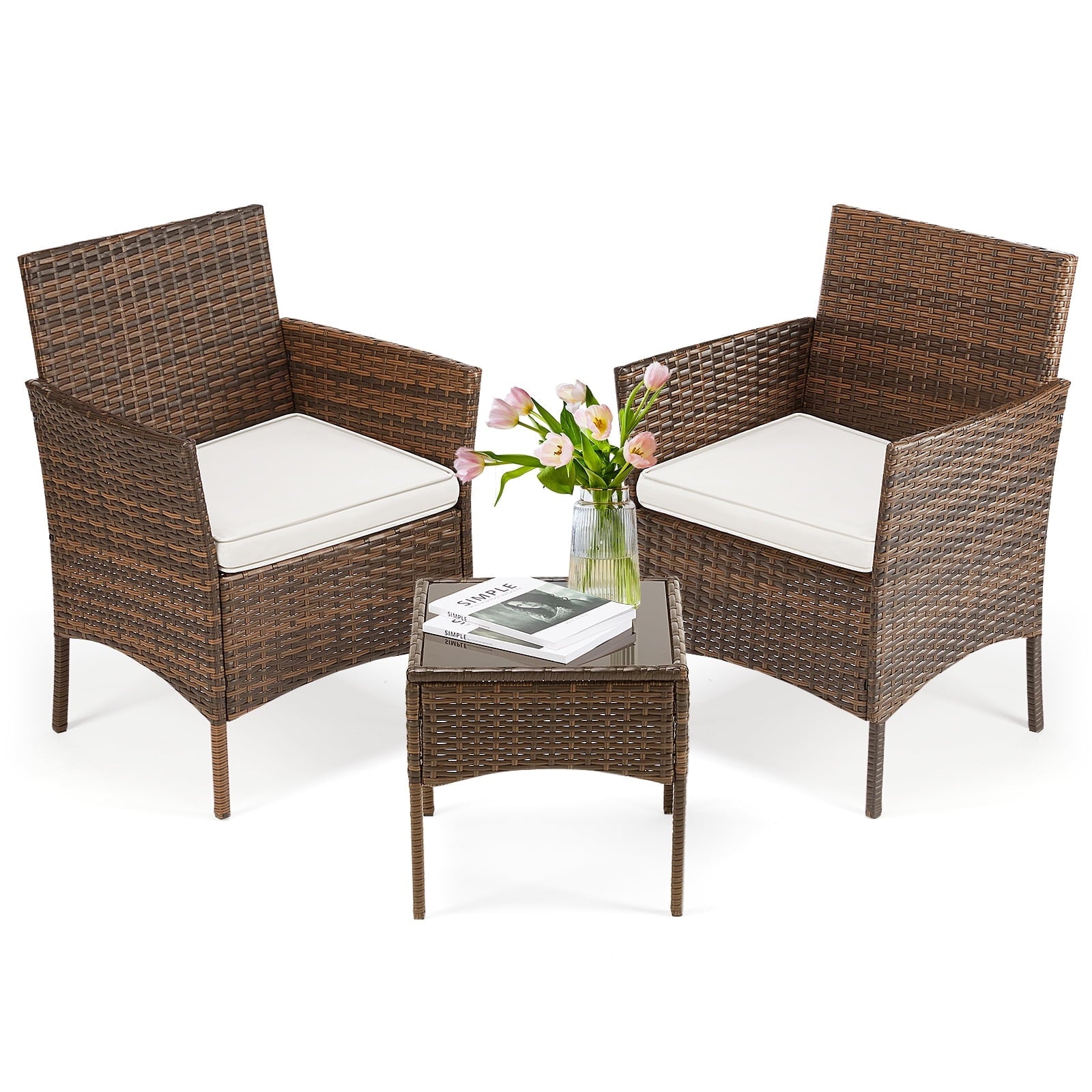 [Outdoor Wicker Bistro Set] 3pcs Patio Furniture Set, All-Weather Outdoor Wicker Chairs with Removable Cushions And Tempered Glass Table, Small Bistro Set for Porch, Balcony, Lawn, Backyard
