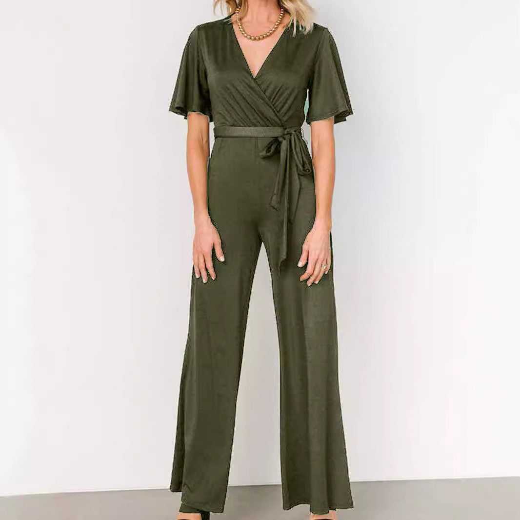 Women's Solid Short Sleeve Belted Casual Jumpsuit
