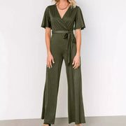 Women's Solid Short Sleeve Belted Casual Jumpsuit