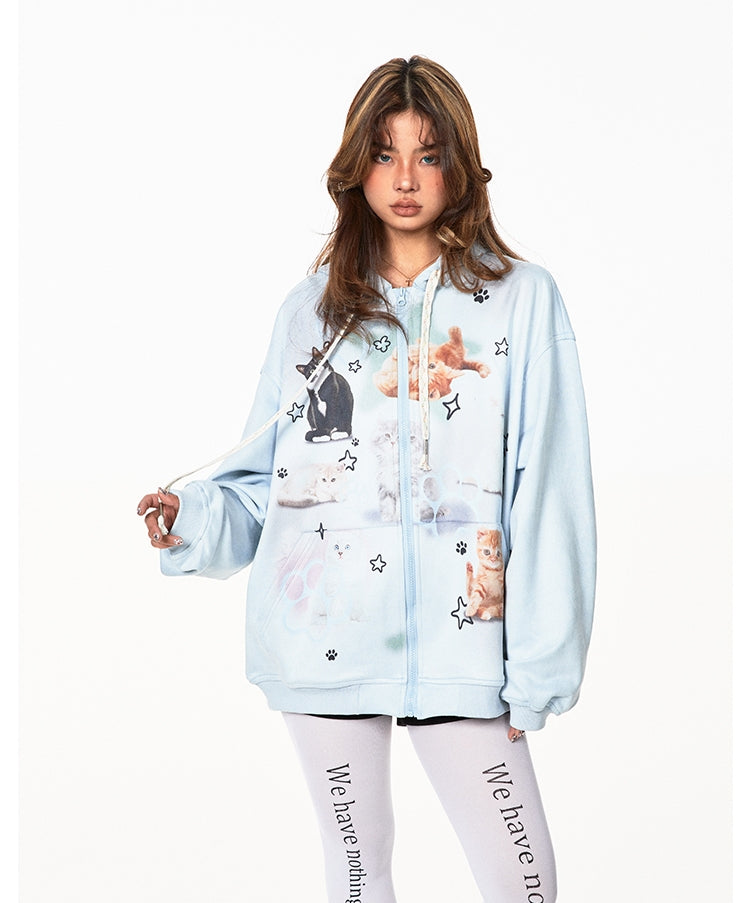 American Retro Cute Cat Hooded Sweater