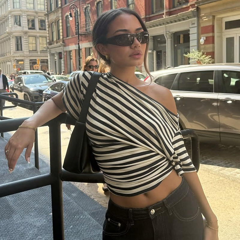Retro Off-Shoulder Striped Waist-Cinching Top – Flattering Fit