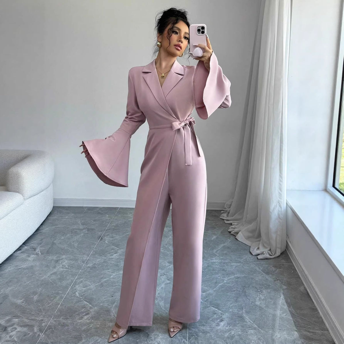 Elegant Solid Flared-Sleeve Wide-Leg Jumpsuit