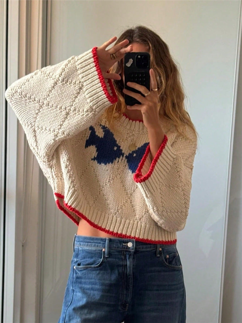 Retro Contrasting Color Jacquard Knit Loose Casual Sweater