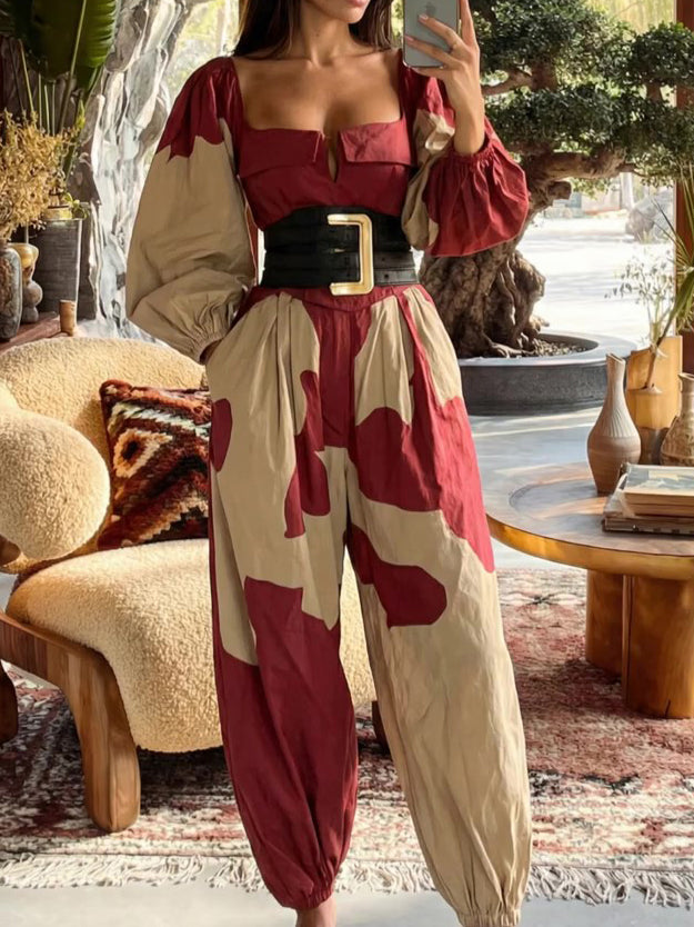 Red-Brown Colorblock Puff-Sleeve Waist-Cinched Jumpsuit