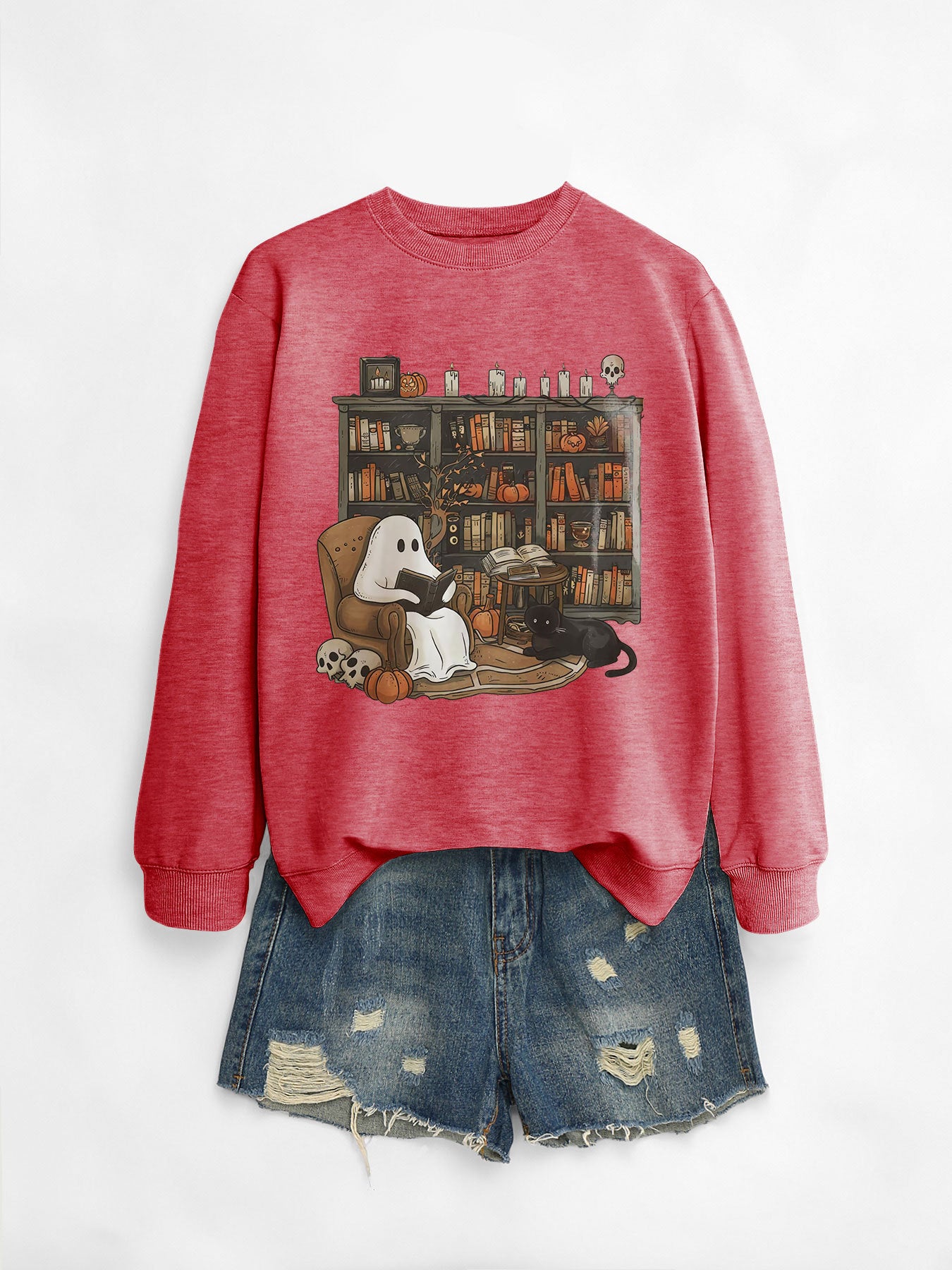 Cozy Black Cat Bookshelf Halloween Sweatshirt