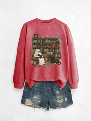 Cozy Black Cat Bookshelf Halloween Sweatshirt
