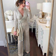 Sparkly V-Neck Beaded Waist-Cinched Jumpsuit