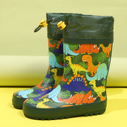 Boys' Lightweight Fleece-Lined Rain Boots – Cartoon Print, Adjustable Drawstring, Long Tubular Design