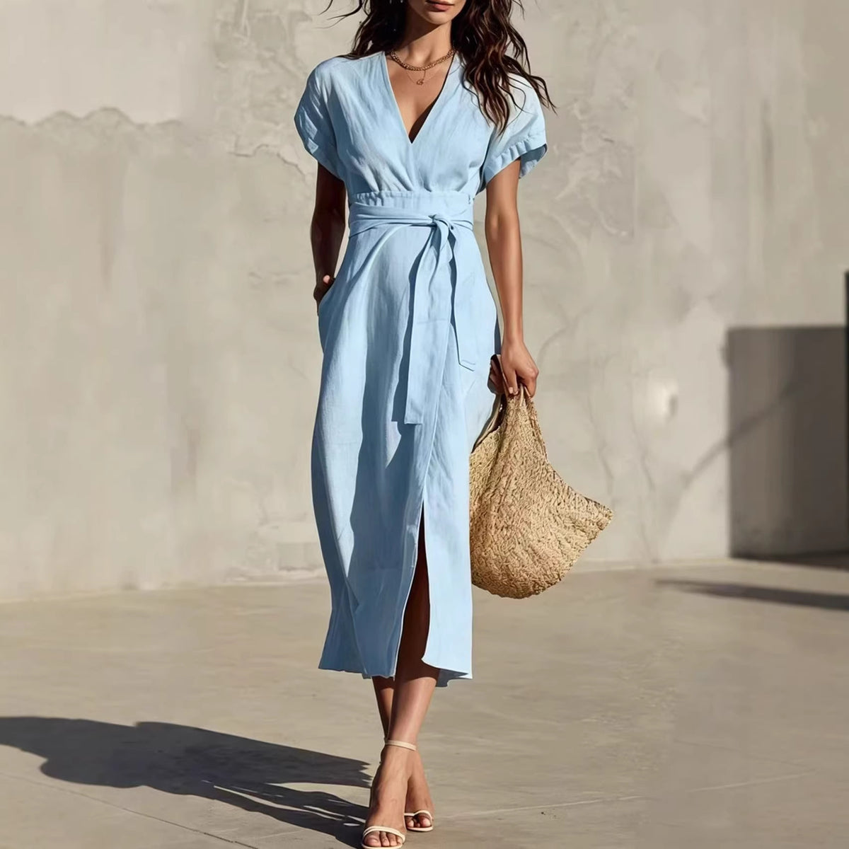 Casual Minimalist Solid-color V-neck Midi Dress with Pockets and Lacing