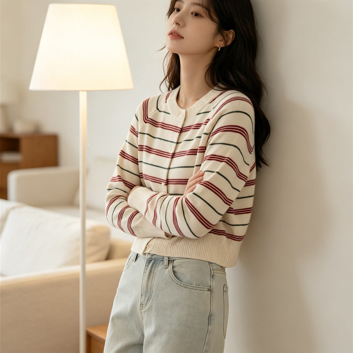 Womens Elegant Contrasting-color Striped Sweater
