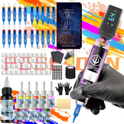 POSEIDON Tattoo Machine Kit Tattoo Gun Kit Complete Set With 20 Tattoo Needles 1500mAh Battery, Tattoo Machine Cordless Tattoo Machine Tattoo Supplies 11 Tattoo Inks Complete Cordless Machine For B...