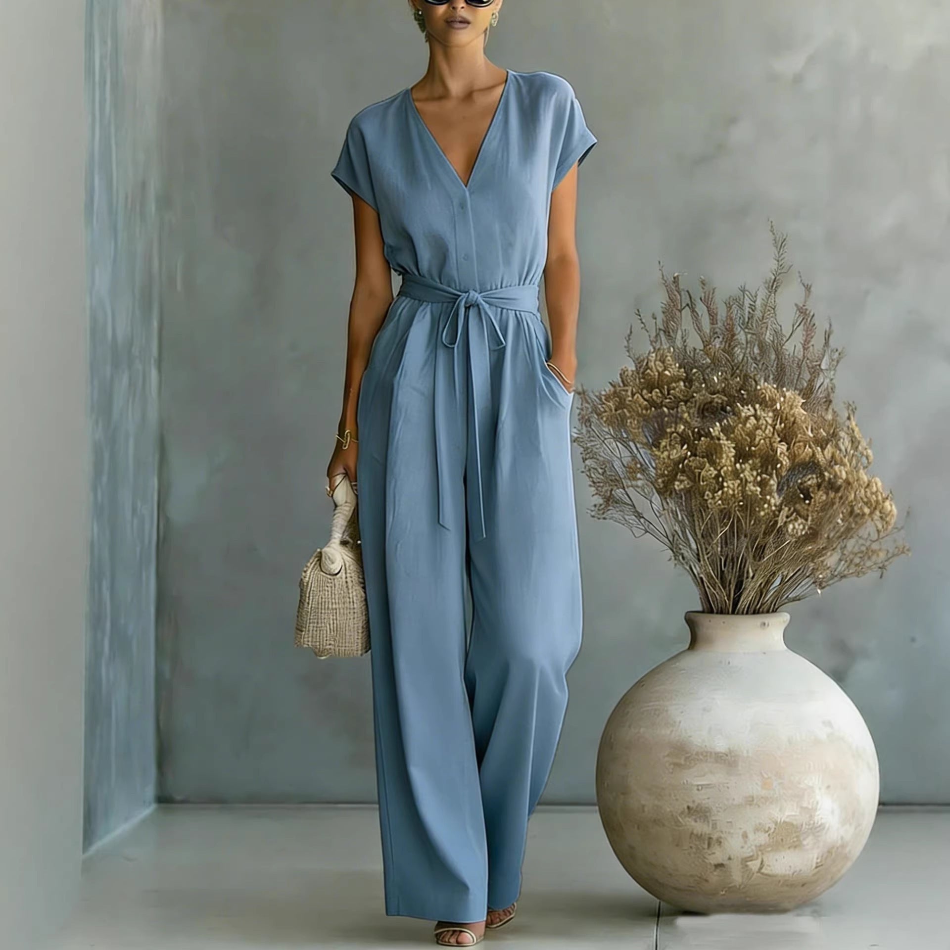Elegant V-Neck Belted Button-Front Jumpsuit