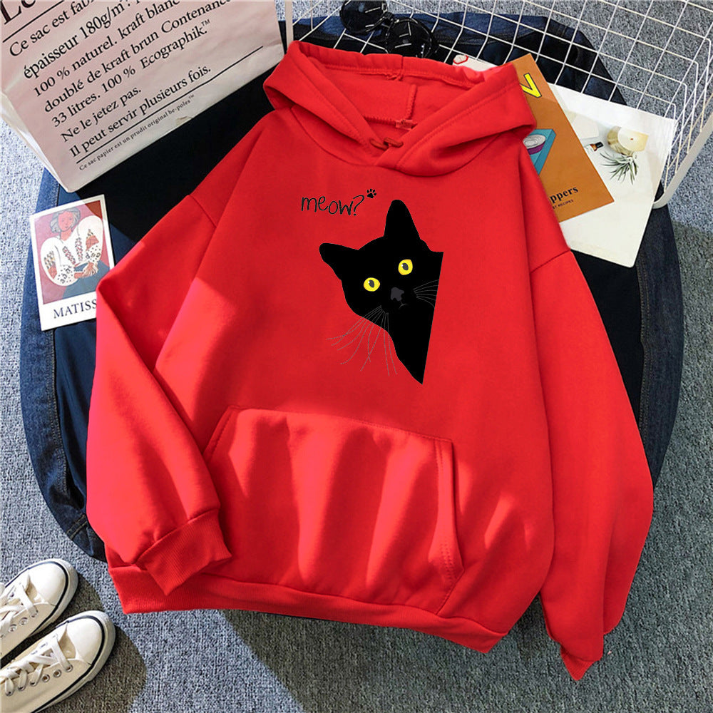 Plus Size Black Cat Fleece Hooded Sweatshirt
