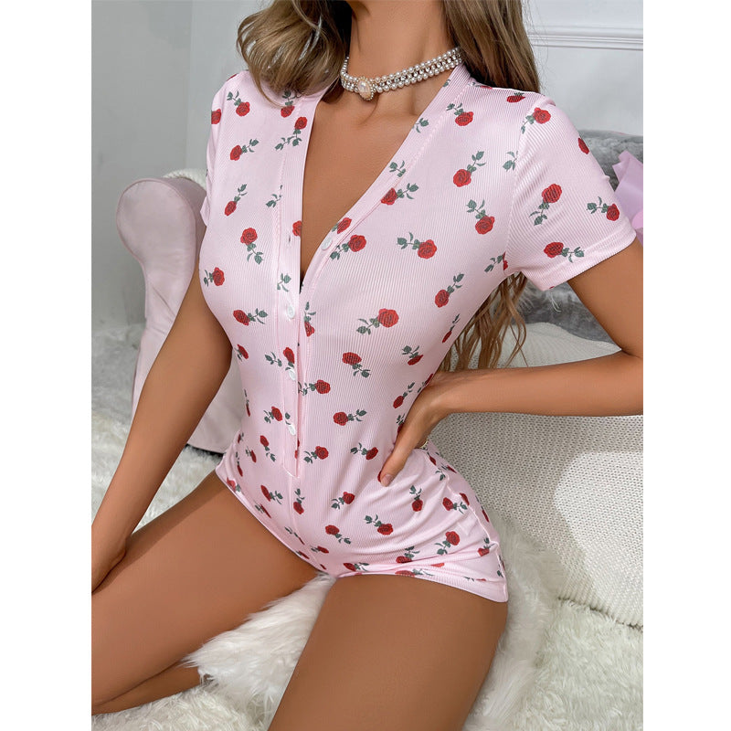 Chic Rose Print Slimming One-Piece Romper