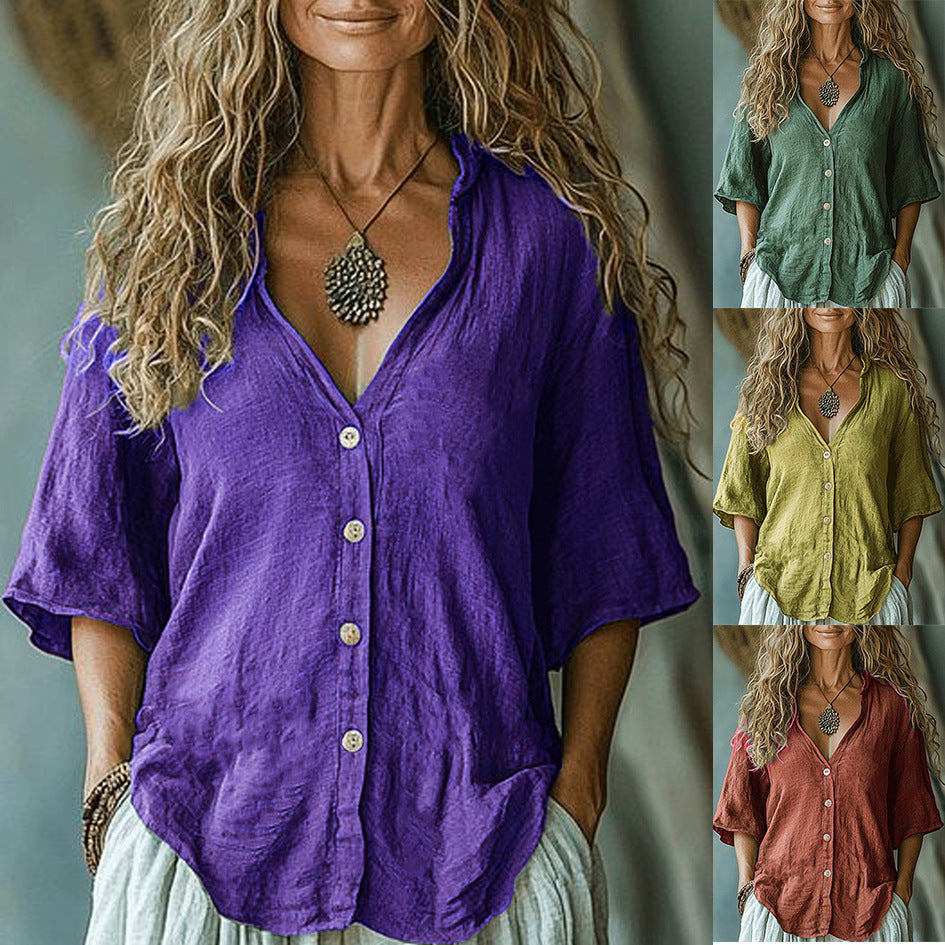 Women's Five-quarter-sleeve Single-breasted Linen Shirt