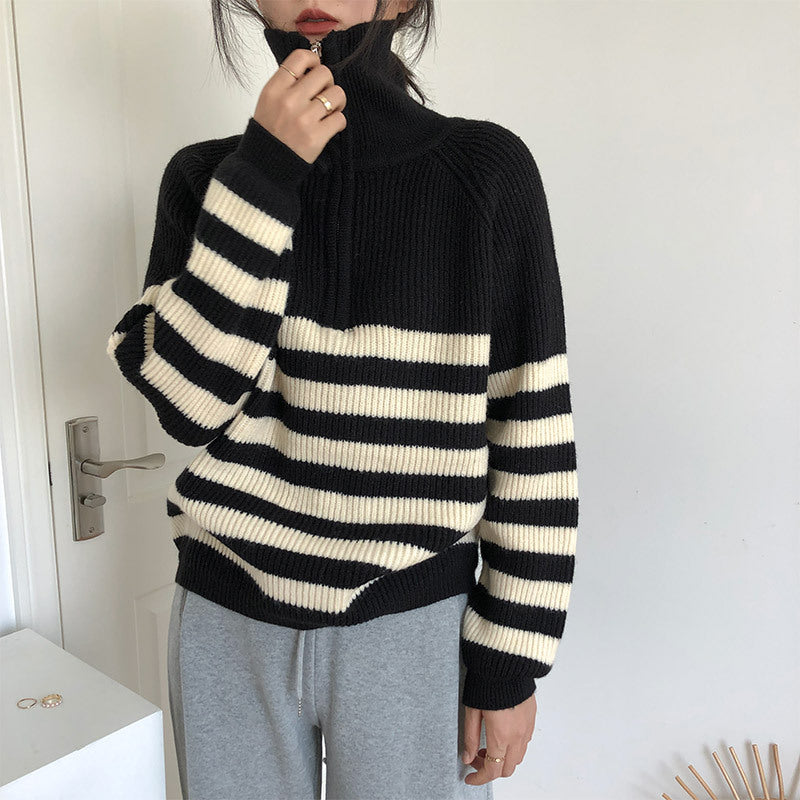 Women's Zipper Striped Sweater Japanese Soft Glutinous Idle Style