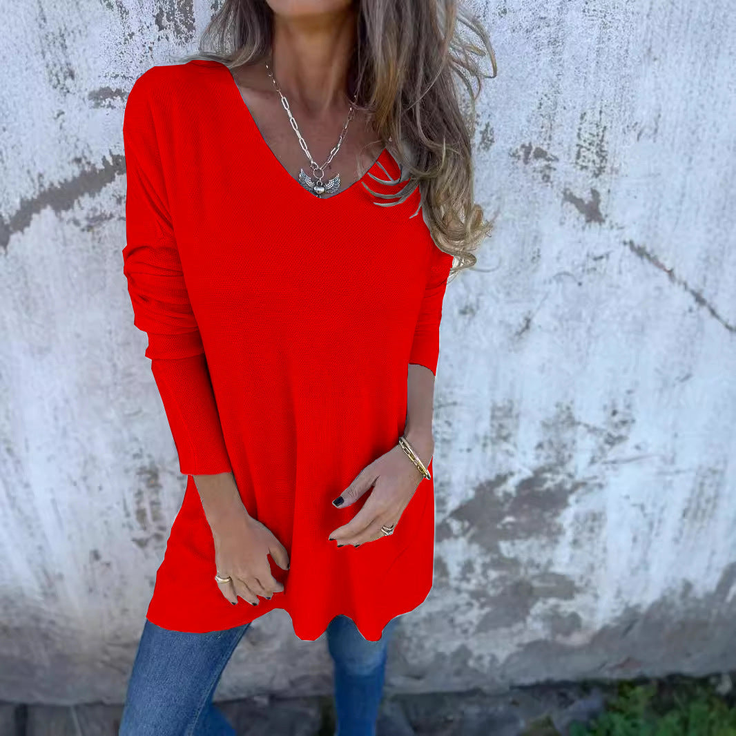 Solid Color V-neck Knitted Sweater Loose Top Women's Clothing
