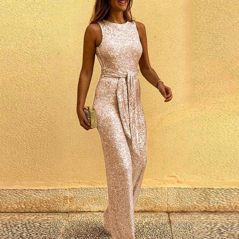 Sparkling Sequin Sleeveless Round Neck Party Jumpsuit