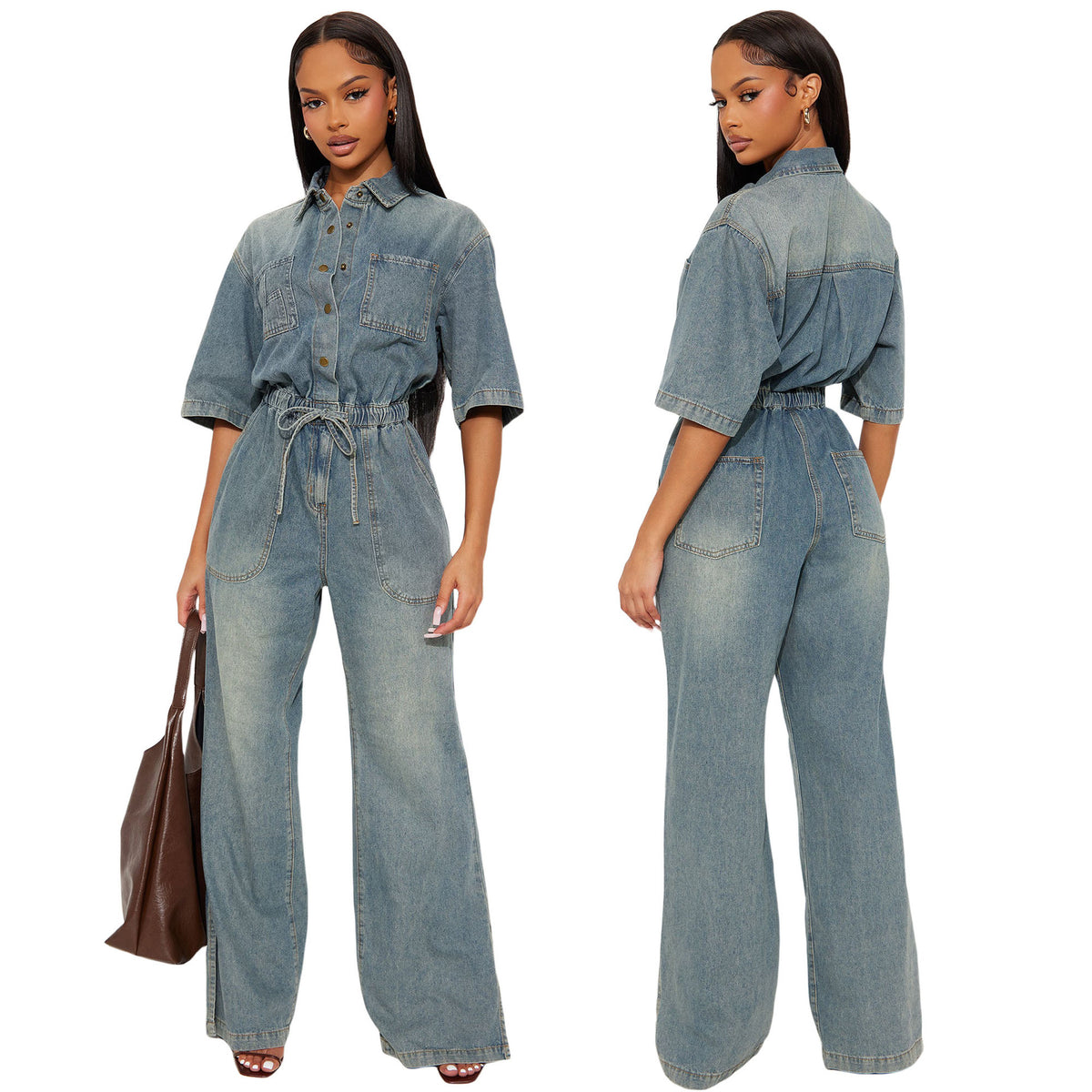 Slim-fit Stretch Washed Denim Jumpsuit