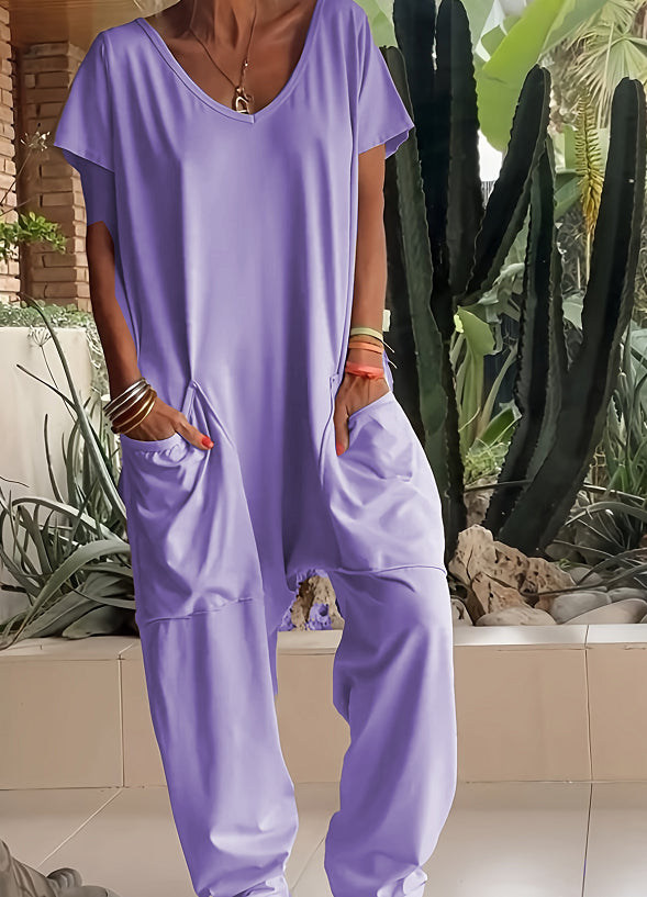 Oversized V-Neck Pocket Jumpsuit Casual Romper