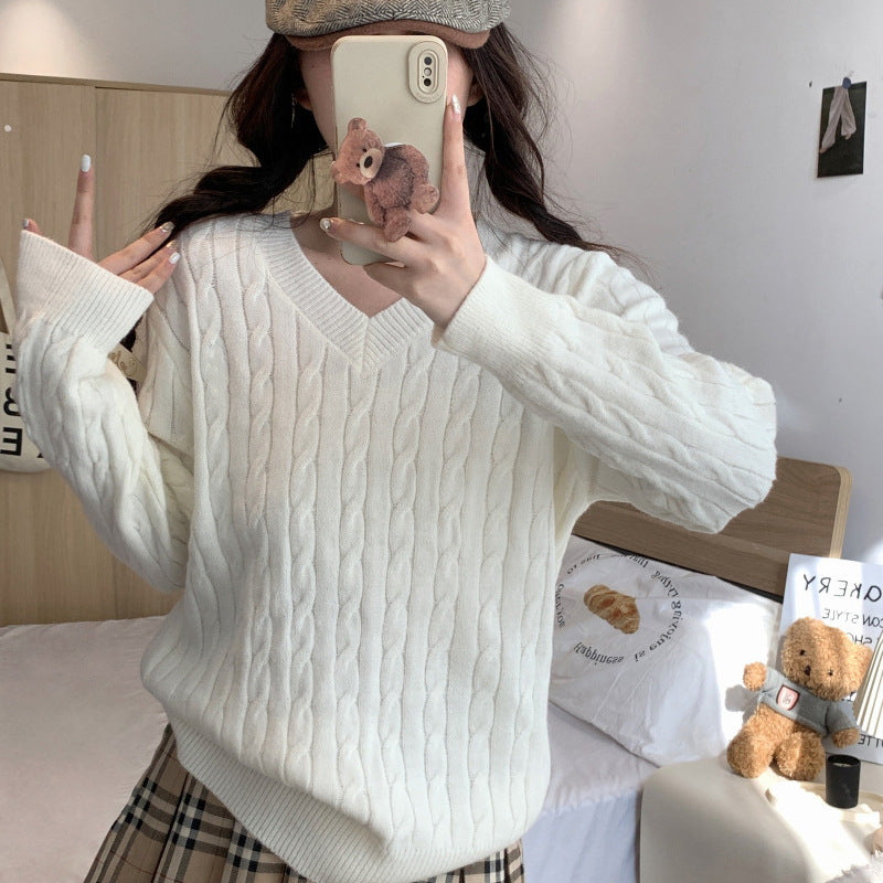 V-neck Pullover Vintage Knit Top for Layering