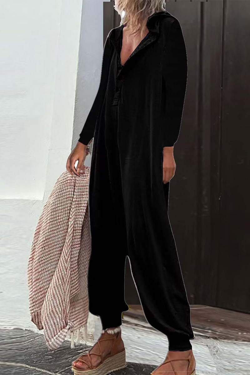 Casual Hooded Pocket Long Sleeve Jumpsuit Baggy Pants