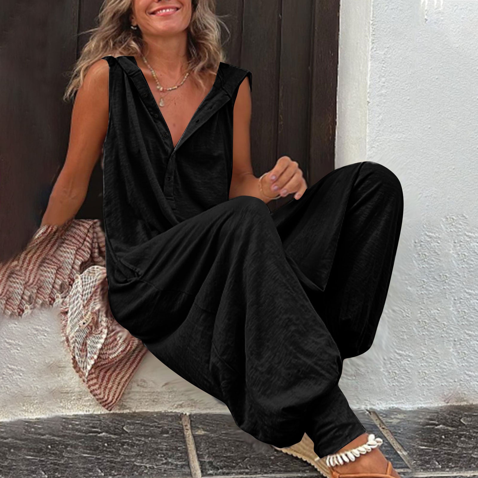 Buttoned Hooded Sleeveless Pants For Women