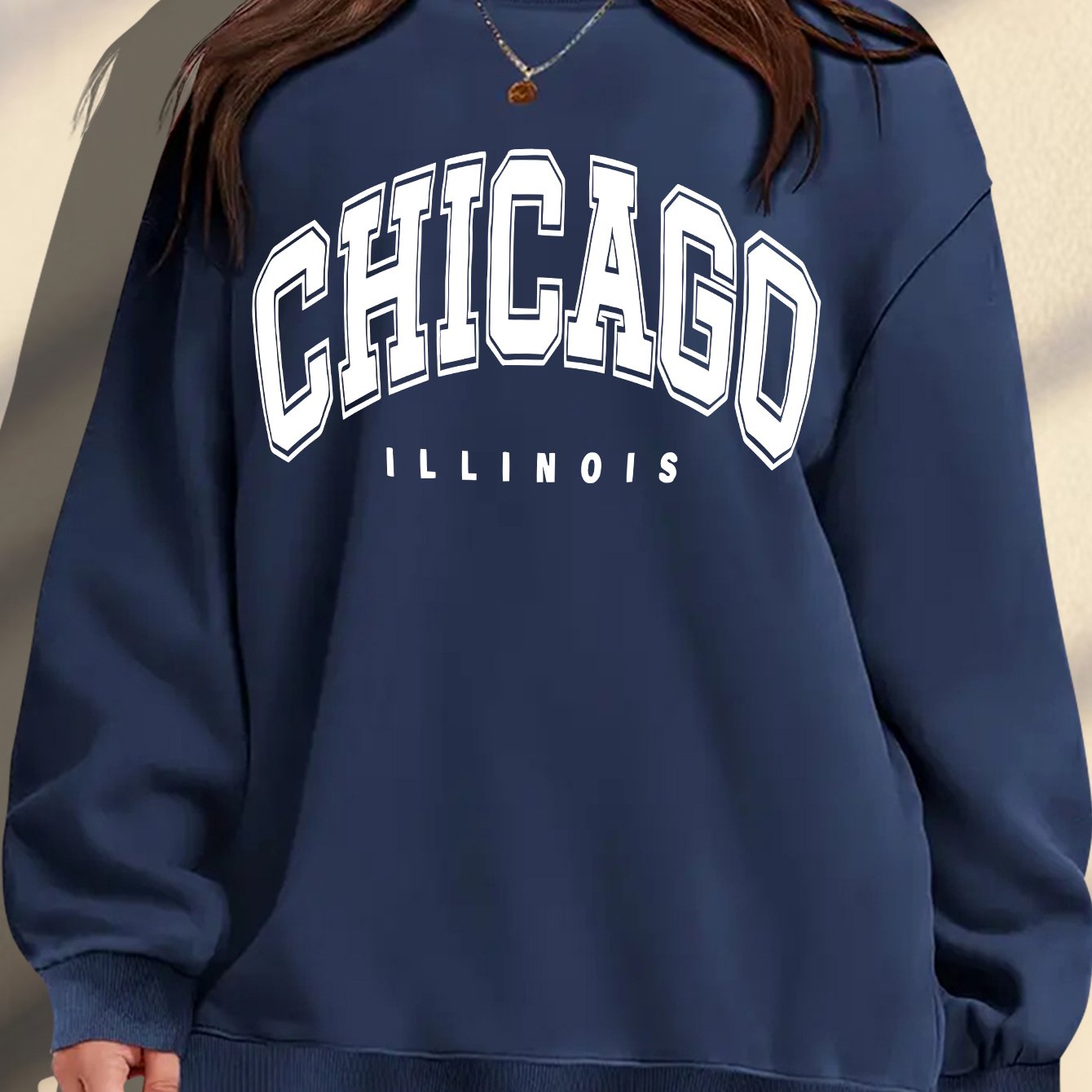 Women's Plus Size Soft Casual Long Sleeve Crew Neck Sweatshirt with American Campus Print